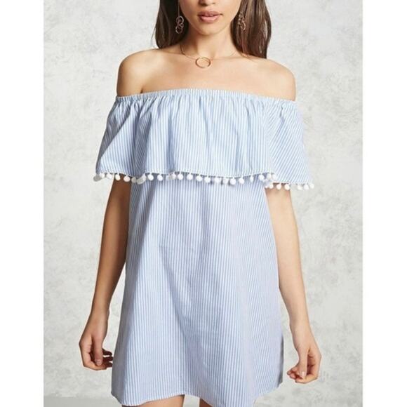 Forever 21 blue striped off shoulder Pom Pom dress - Picture 1 of 10